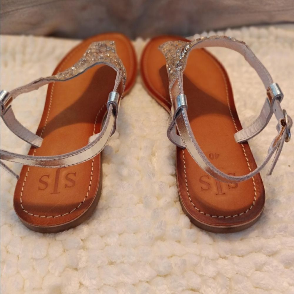 SJS Beverly Hills Silver Rhinestones T-Strap Leather Sandals Women's Sizeā40 - Picture 5 of 7